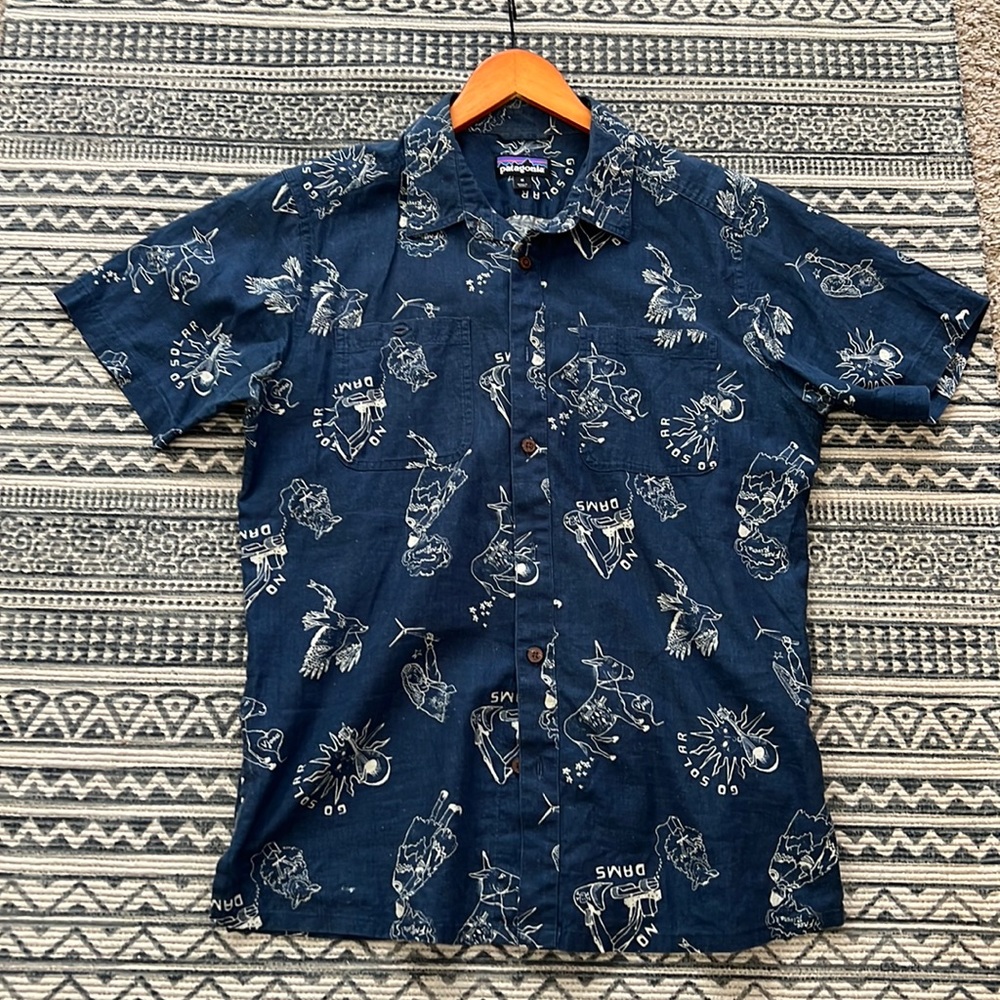 PATAGONIA Men’s Medium Short Sleeve Button-Up Shirt - Blue Hemp Cotton